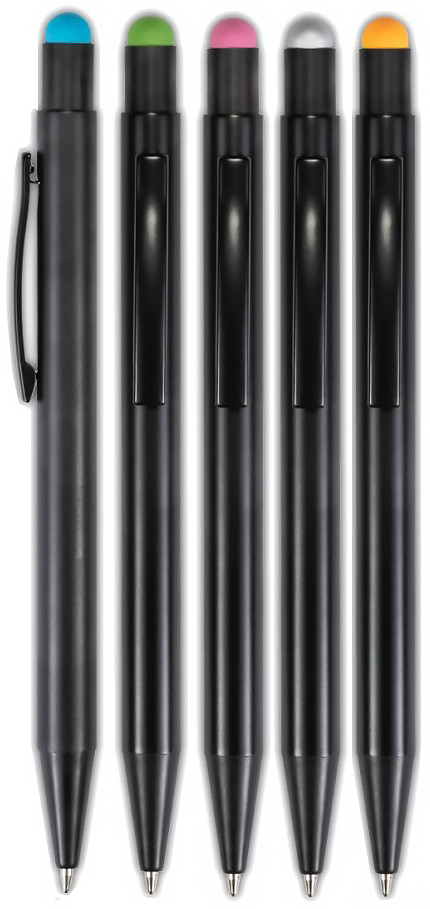 Długopis metalowy z wielkopojemnym, wymiennym wkładem w kolorze niebieskim.
W przycisku kolorowa gumka do obsługi ekranów dotykowych.