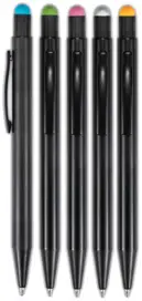 Długopis metalowy z wielkopojemnym, wymiennym wkładem w kolorze niebieskim.
W przycisku kolorowa gumka do obsługi ekranów dotykowych.