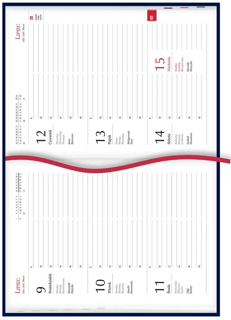 Firmowy terminarz w formacie: A5,
   *posiada tasiemkę,
   *układ kalendarium: tydzień na dwóch stronach.