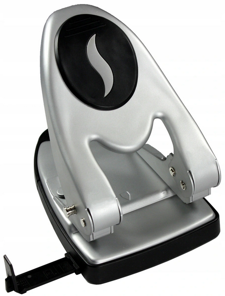 Metalowy dziurkacz z przeciwpoślizgową nakładką z miękkiego plastiku.
   - wysuwany ogranicznik różnych formatów;
   - znacznik środka strony;
   - rozstaw otworów 80 mm, średnica 6 mm;
   - blokada zacisku dla ochrony stempli oraz zmniejszenia gab...