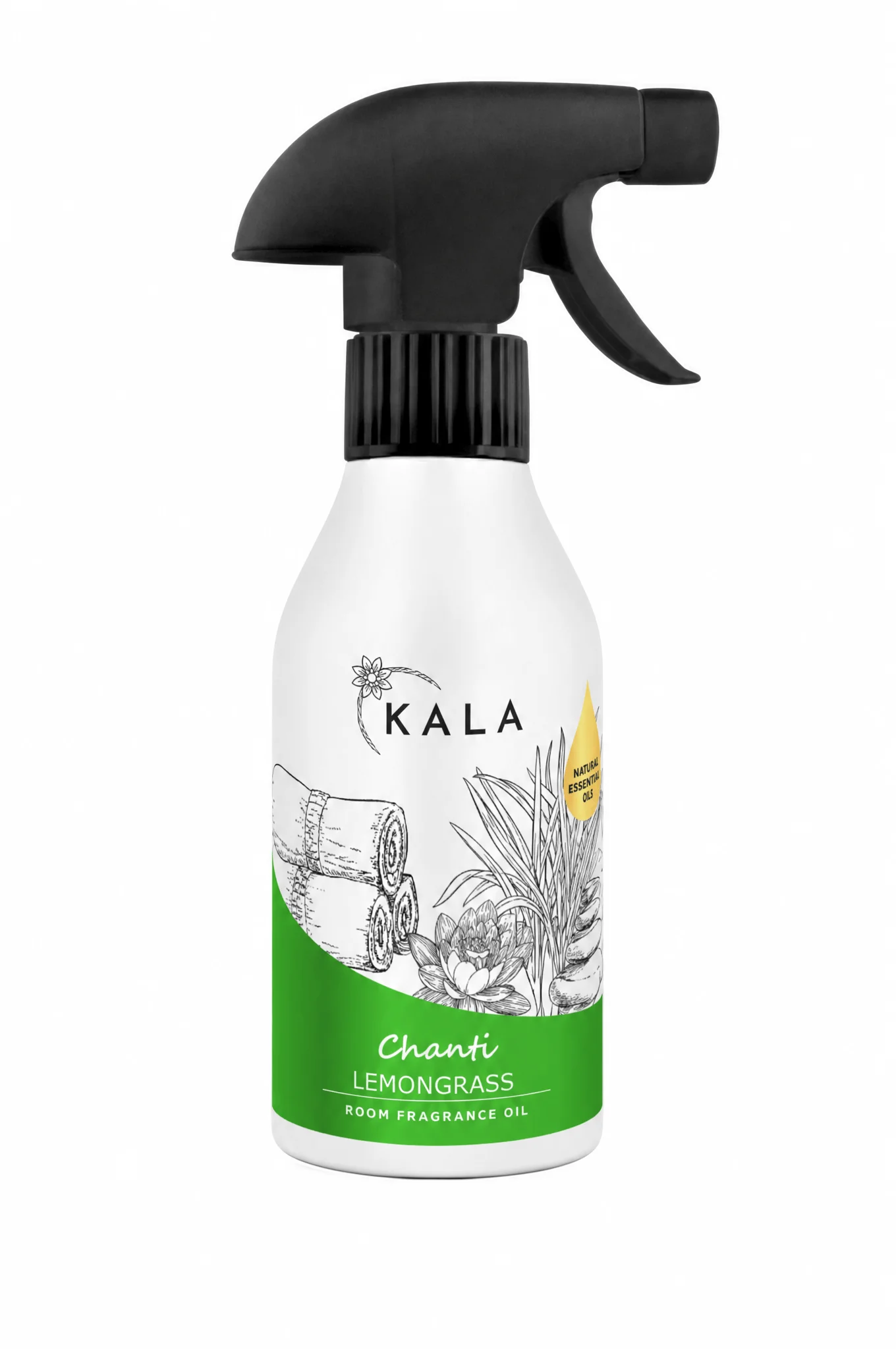 Odświeżacz powietrza KALA Lemongrass 250ml spray, biała butelka z zieloną etykietą i czarnym rozpylaczem.