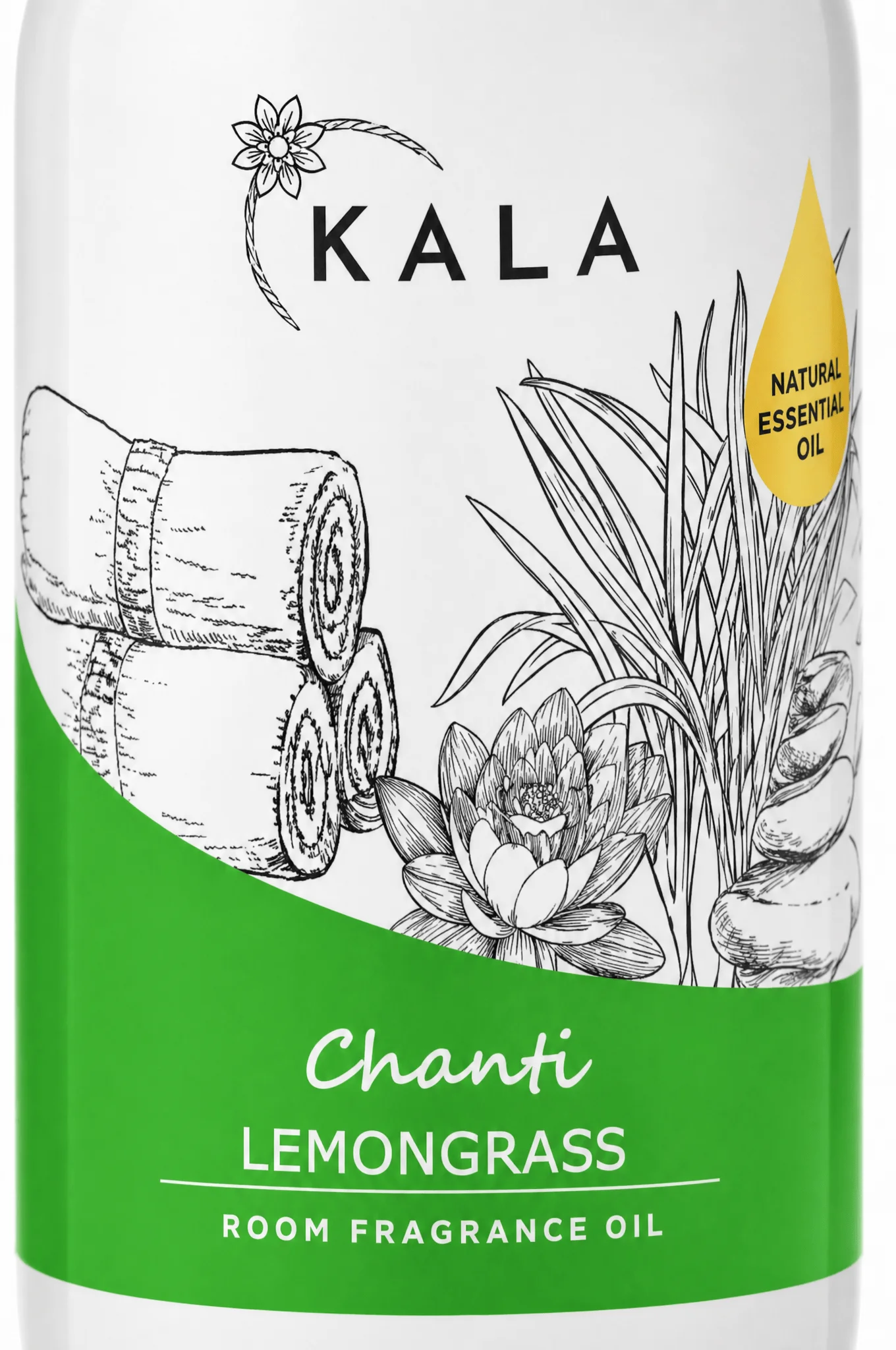 Odświeżacz powietrza KALA Lemongrass 250ml olejek zapachowy, biała butelka z zieloną etykietą.