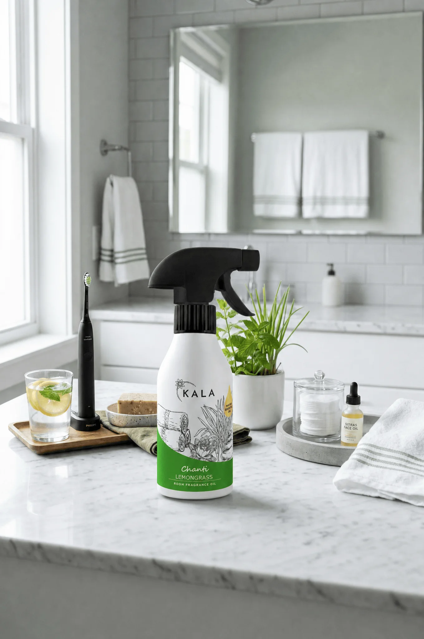 Odświeżacz powietrza KALA Lemongrass 250ml spray, biała butelka z zieloną etykietą i czarnym rozpylaczem na blacie łazienkowym.