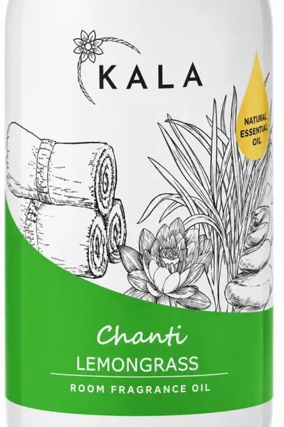 Odświeżacz powietrza KALA Lemongrass 250ml olejek zapachowy, biała butelka z zieloną etykietą.