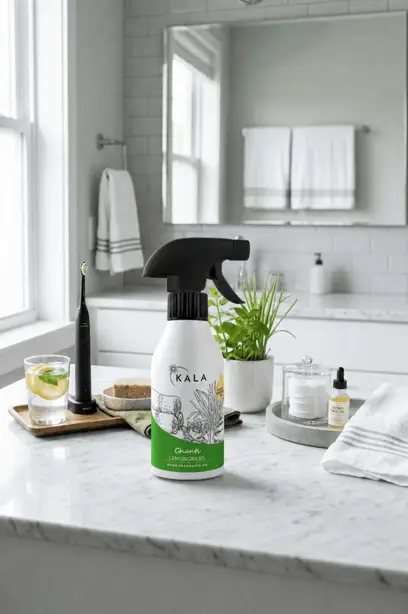 Odświeżacz powietrza KALA Lemongrass 250ml spray, biała butelka z zieloną etykietą i czarnym rozpylaczem na blacie łazienkowym.