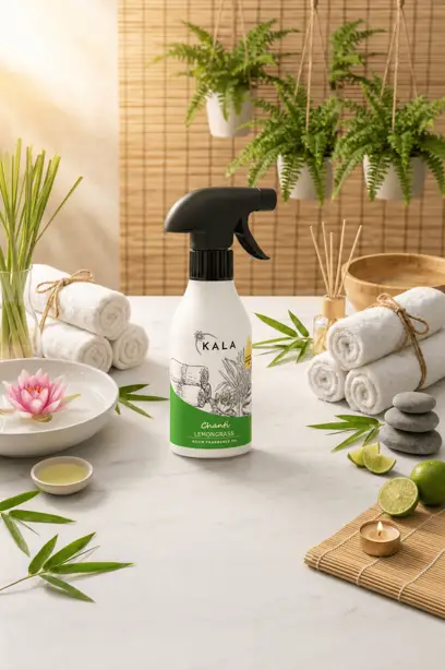Odświeżacz powietrza KALA Lemongrass 250ml spray, biała butelka z zieloną etykietą na tle spa.