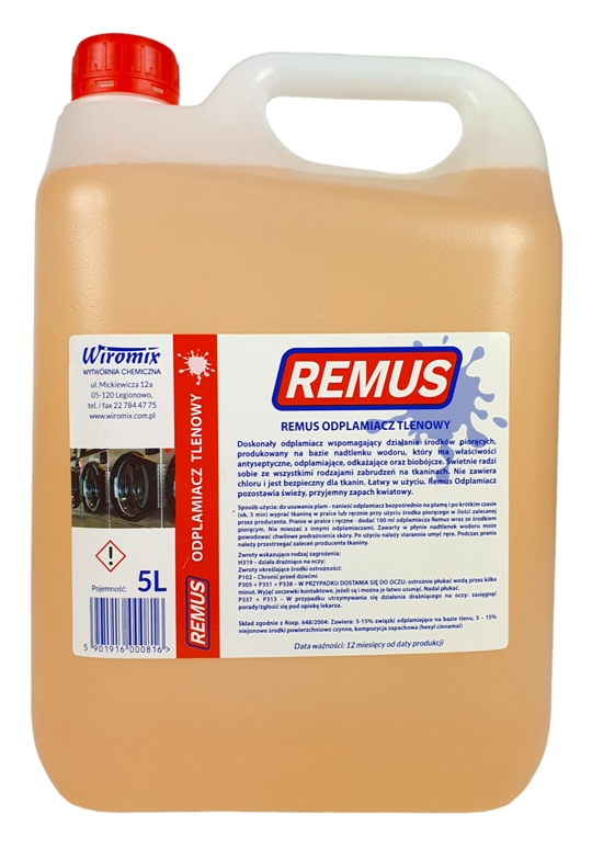 Odplamiacz do tkanin REMUS 5L bez chloru w butelce z czerwoną nakrętką.