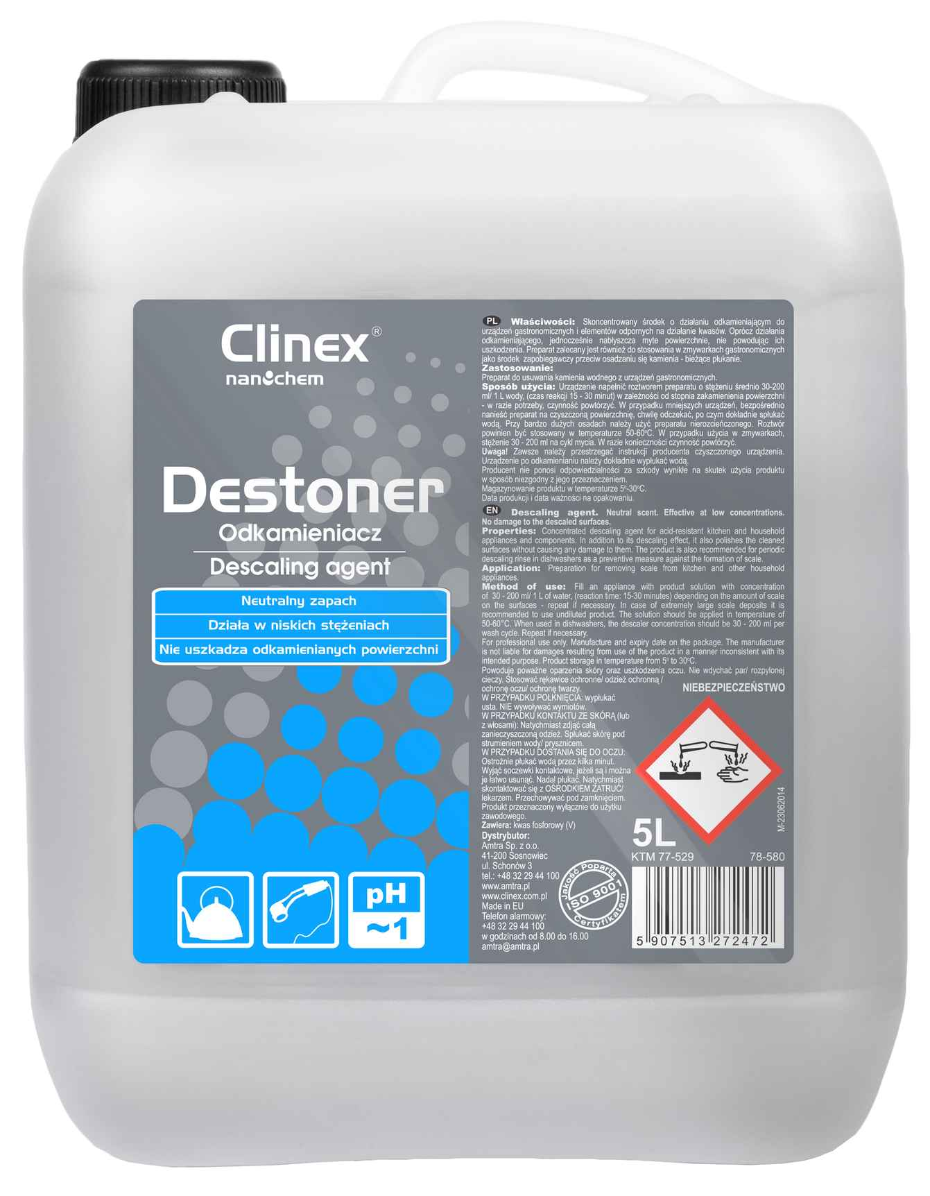 Clinex Destoner odkamieniacz do urządzeń AGD 5L w kanister z czarnym zamknięciem i uchwytem.