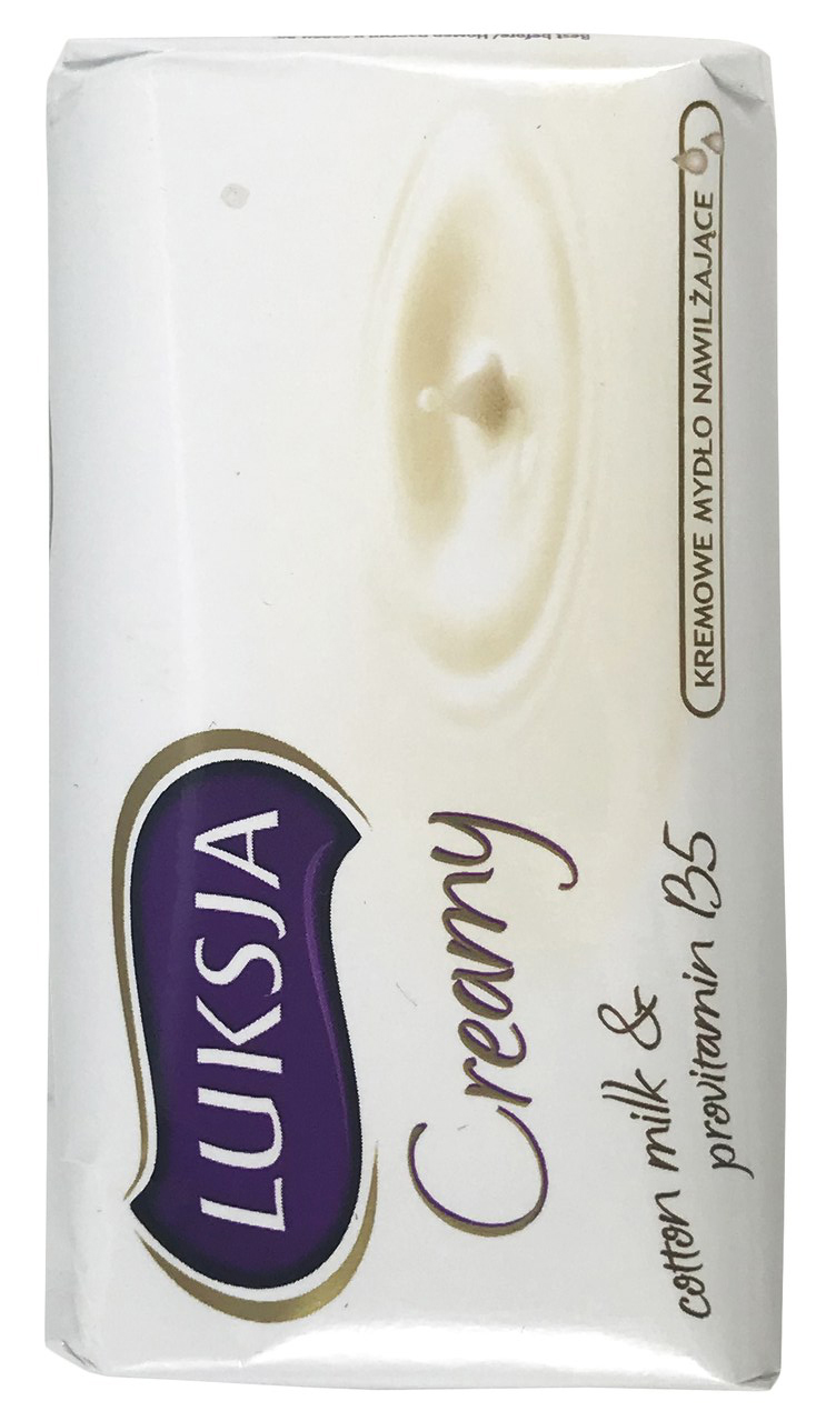 Mydło w kostce LUKSJA 100g Mydło w kostce LUKSJA 100g Creamy z mlekiem i prerią, kolor kremowy w białym opakowaniu.