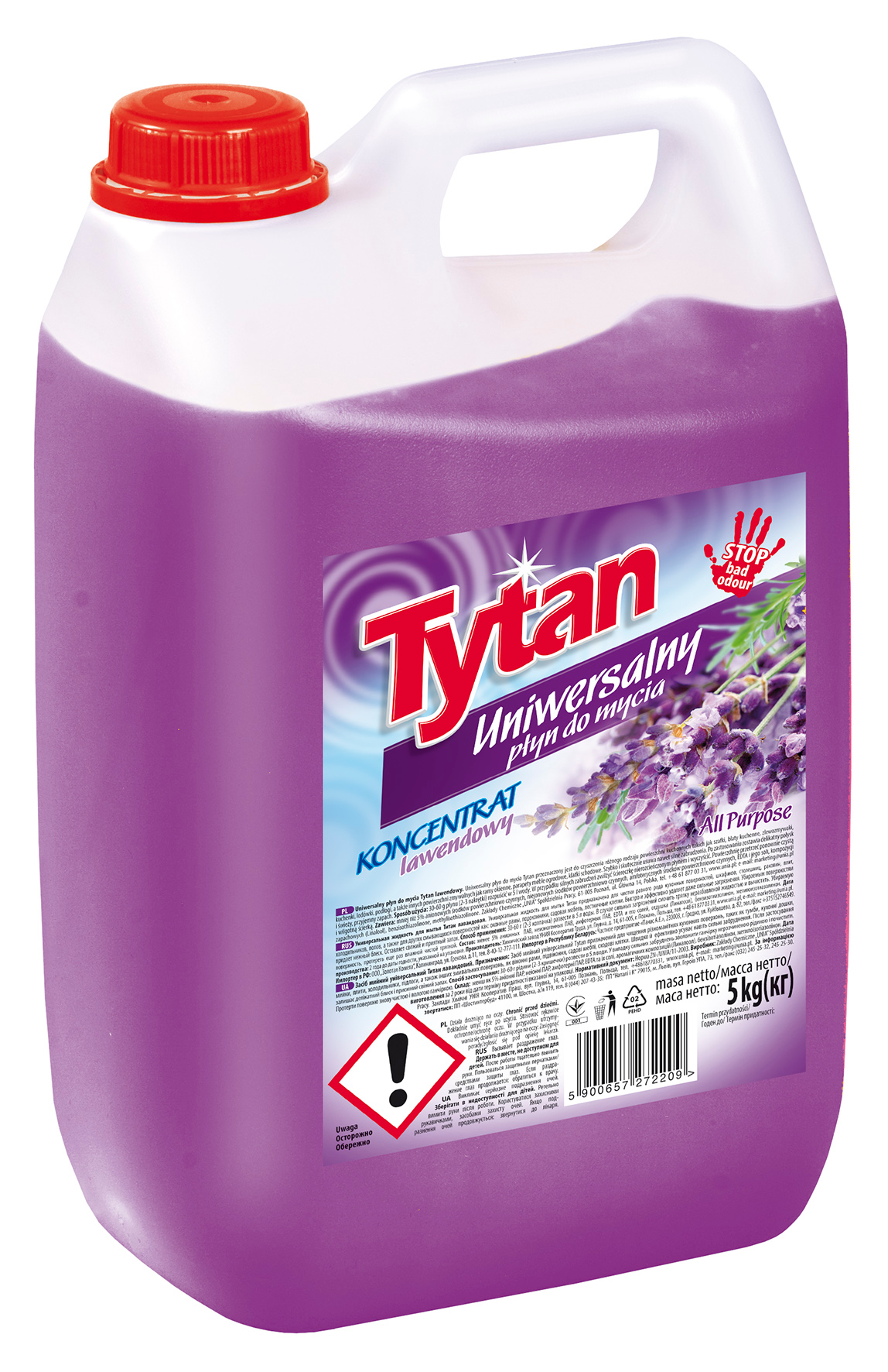Płyn uniwersalny TYTAN 5LLAWENDOWY Płyn uniwersalny TYTAN 5l lawendowy koncentrat do mycia w kanister z czerwoną nakrętką.