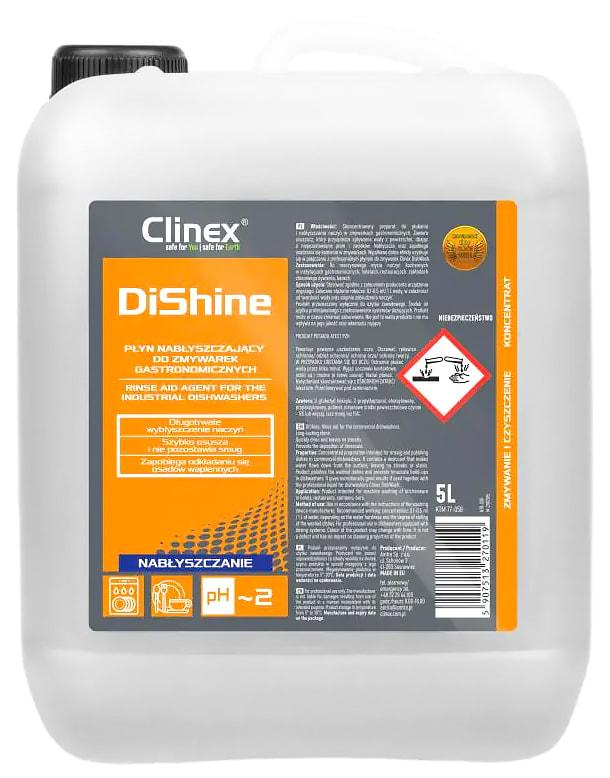 Płyn nabłyszczający Clinex DiShine 5L do zmywarek gastronomicznych w białym kanister z etykietą pomarańczowo-szarą.