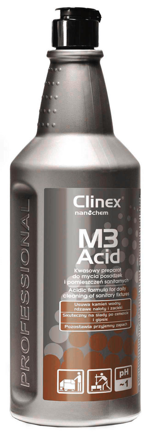 CLINEX M3 Acid 1 L Mycie pomieszczeń sanitarnych Skoncentrowany, niskopienny, kwasowy preparat do posadzek wodoodpornych i kwasoodpornych. Przeznaczony m.in. do mycia pomieszczeń sanitarnych.
Produkt o dużej sile działania, doskonale rozpuszczający wapień, usuwa brud i resztki mydła, pozostawia przy...