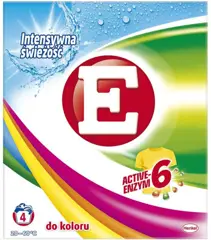 Proszek do prania E 1,10 kg do koloru z enzymami aktywnymi, opakowanie białe z logo marki E na czerwonym tle