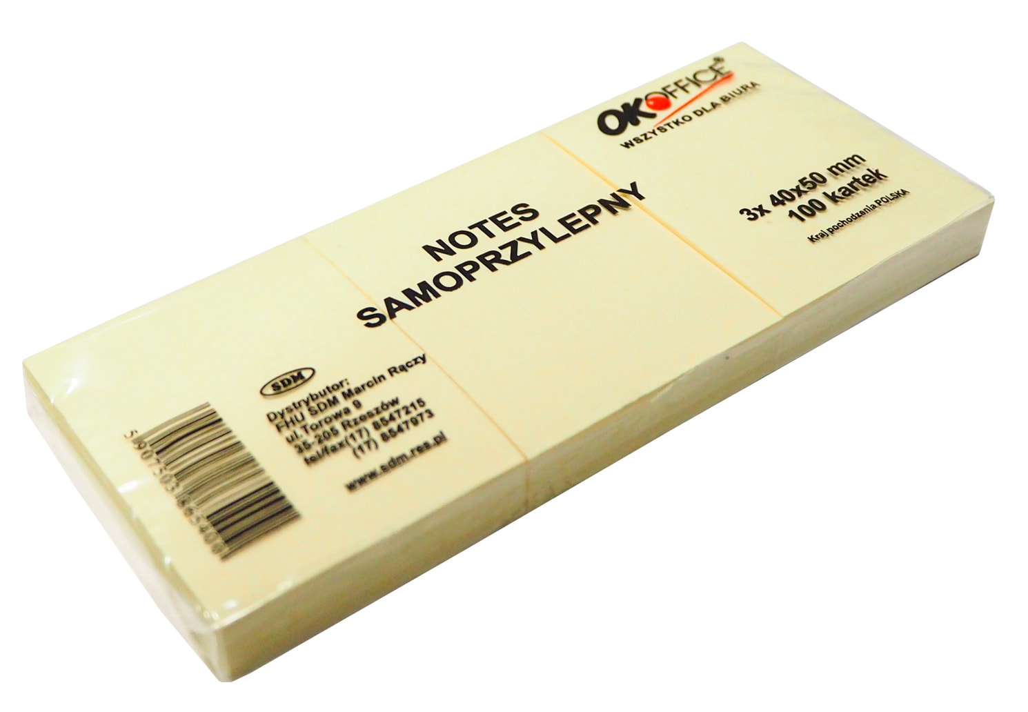 Kostka biurowa samoprzylepna, rozmiar: (50x40mm), gramatura: 70g. Klej umieszczony wzdłuż dłuższego boku.

