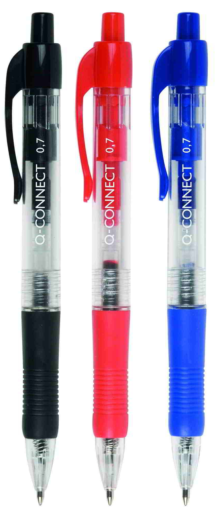 Długopis Connect, automatyczny z wymiennym wkładem. Szerokość pisania: 0,7mm. Transparentna obudowa, elementy w kolorze tuszu, profilowany klips.