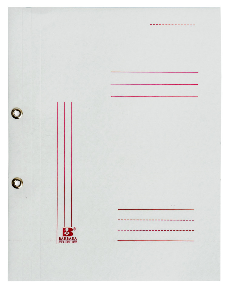 Skoroszyt oczkowy w formacie: A4, wymiary: 255x310mm. Wykonany z wysokiej jakości bezkwasowej tektury. Gramatura: 250-280g. Pełna strona tytułowa, plastikowy docisk dokumentów zabezpiecza przed skaleczeniem.