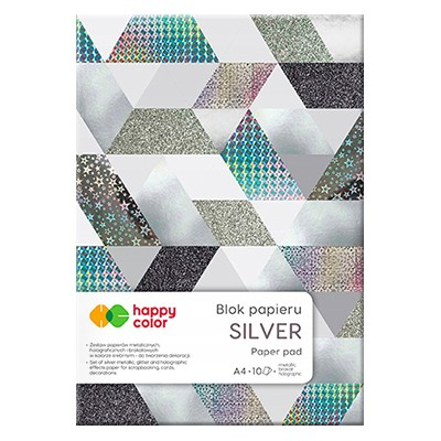 Blok papieru SILVER A4 10 arkuszy z brokatowymi i holograficznymi wzorami w odcieniach srebra, zieleni i czerni.