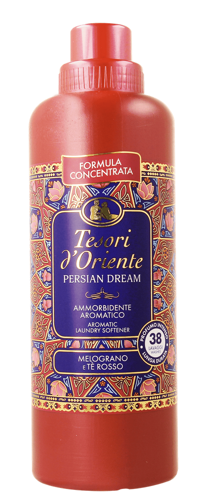 Płyn do płukania Tesori d'Oriente Persian Dream 760ml w czerwonej butelce z orientalną etykietą na białym tle.
