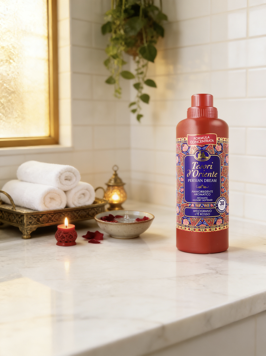 Płyn do płukania Tesori d'Oriente Persian Dream 760ml w łazience z ręcznikami i świeczkami.