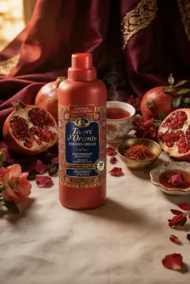Płyn do płukania Tesori d'Oriente Persian Dream 760ml w otoczeniu granatów i orientalnych akcesoriów.