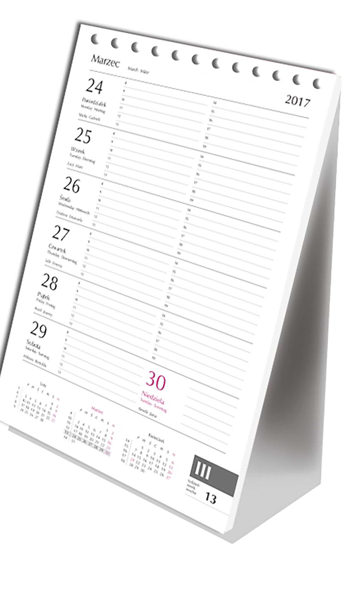 Pionowy kalendarz biurkowy, posiada kalendarium na rok 2023.
   *Układ: tydzień na stronie.