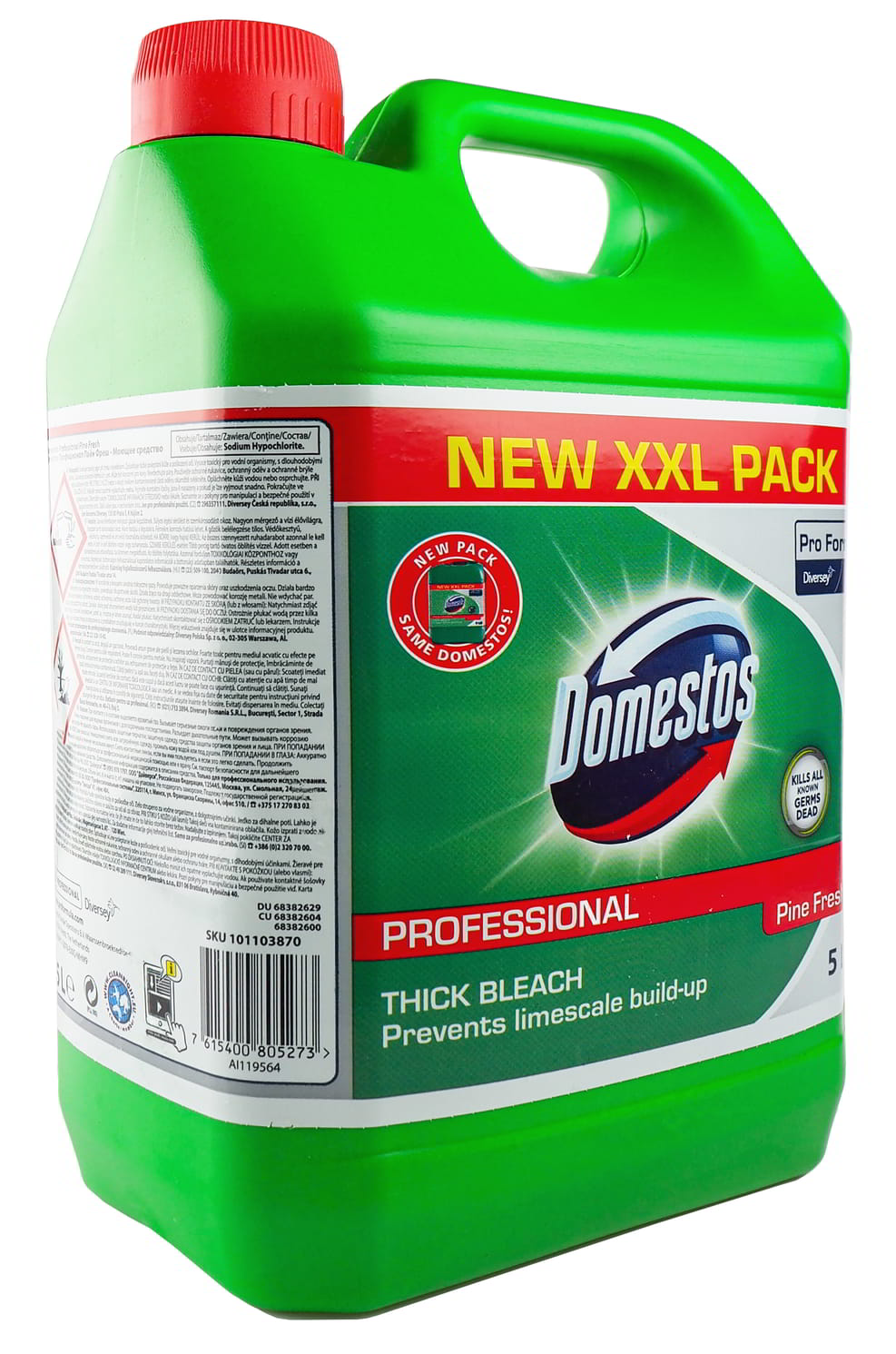 Domestos 5L PINE FRESH ZIELONY Domestos Pine Fresh żel do czyszczenia WC 5L Professional w zielonym opakowaniu z czerwoną etykietą i nakrętką.