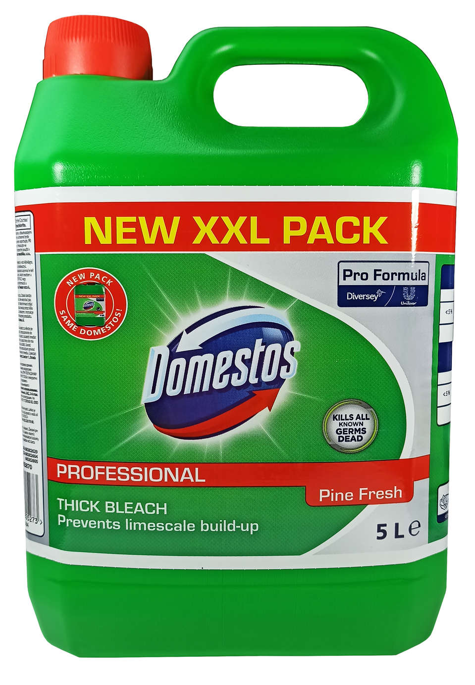 Domestos 5L PINE FRESH ZIELONY Domestos Pine Fresh żel do czyszczenia WC 5L Professional w zielonym opakowaniu z czerwoną etykietą.