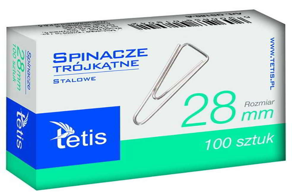 Spinacze biurowe trójkątne 28mm stalowe Tetis opakowanie 100 sztuk