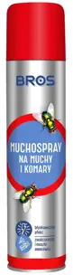 BROS Muchospray 400ml, aerozol do zwalczania much i komarów w opakowaniu z czerwoną głowicą i srebrnym korpusem.