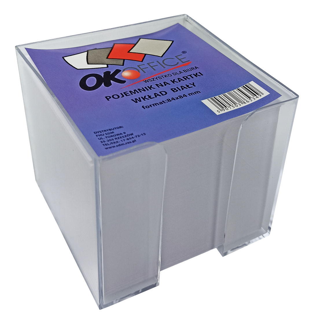 Kostka biurowa biała w pudełku, wymiary pojemnika: (92x92x82mm), wymiary karteczki: (83x83mm). Wysokość kostki: 75mm. Stabilny pojemnik wykonany z przezroczystego tworzywa.

