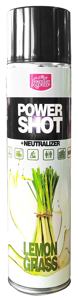 Odświeżacz POWER SHOT LEMON GRASS 600ml KALA Odświeżacz POWER SHOT LEMON GRASS 600ml marki Kala z neutralizatorem zapachów, opakowanie aerozolowe.
