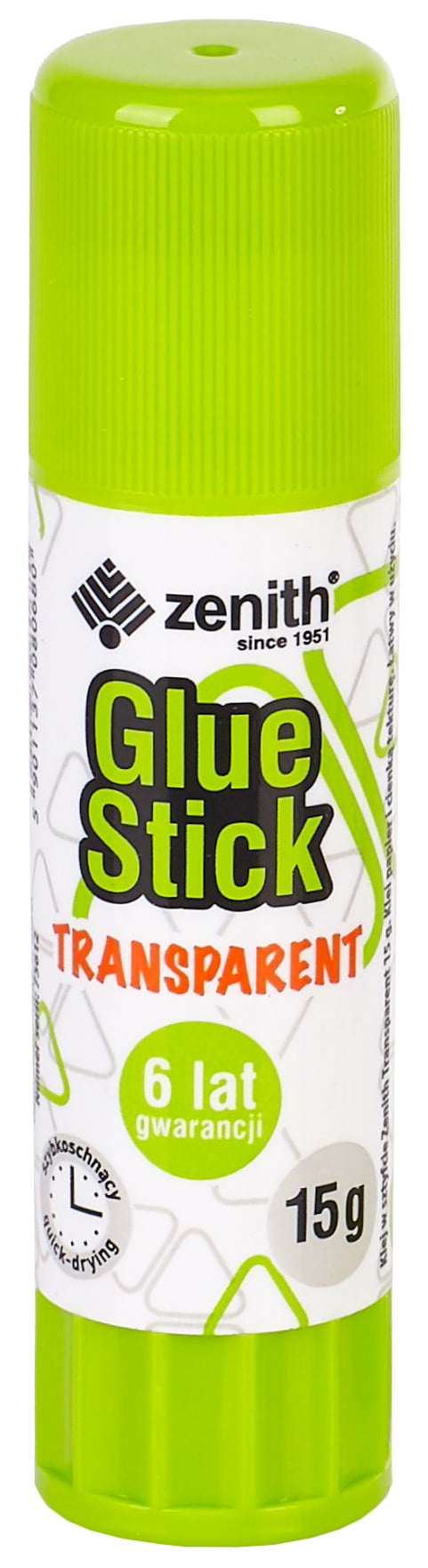 Klej w sztyfcie Zenith 15g Glue Stick Transparent, zielone opakowanie, zmywalny szybkoschnący.