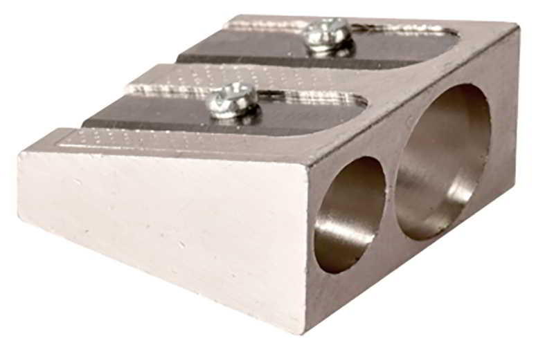 Temperówka metalowa do miękkich grafitów z dwoma otworami różnej średnicy (11 m, 8mm) Wyposażona w stalowe ostrza gwarantujące długotrwałe użytkowanie. Opakowanie: pudełko 30 sztuk.

