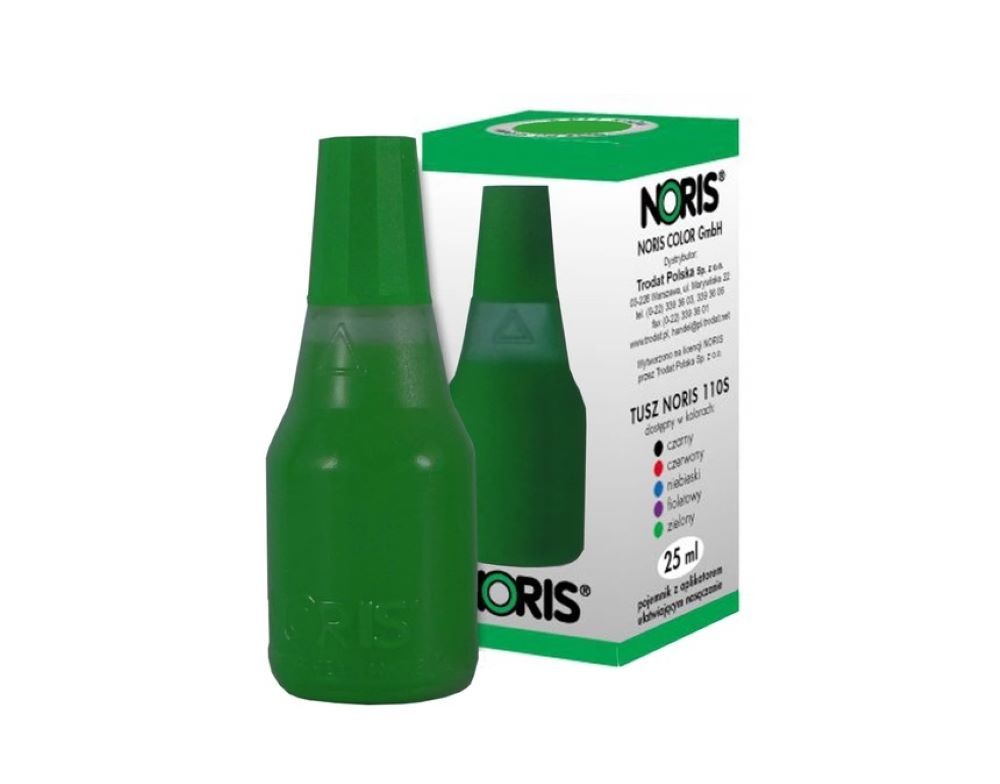 Tusz bezolejowy Noris 110, do stempli gumowych i fotopolimerowych. Pojemnik z aplikatorem ułatwiający nasączenie. Pojemność: 25ml. Kolory: czerwony, zielony, czarny.

