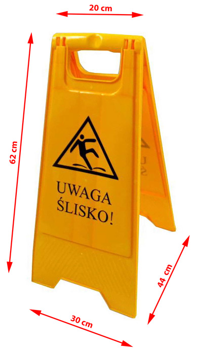 Żółty stojak, potykacz, "Uwaga ślisko". Środek zapobiegający przed przypadkowym poślizgnięciem. Produkt do wykorzystania podczas prac porządkowych powierzchni w obiektach użyteczności publicznej.