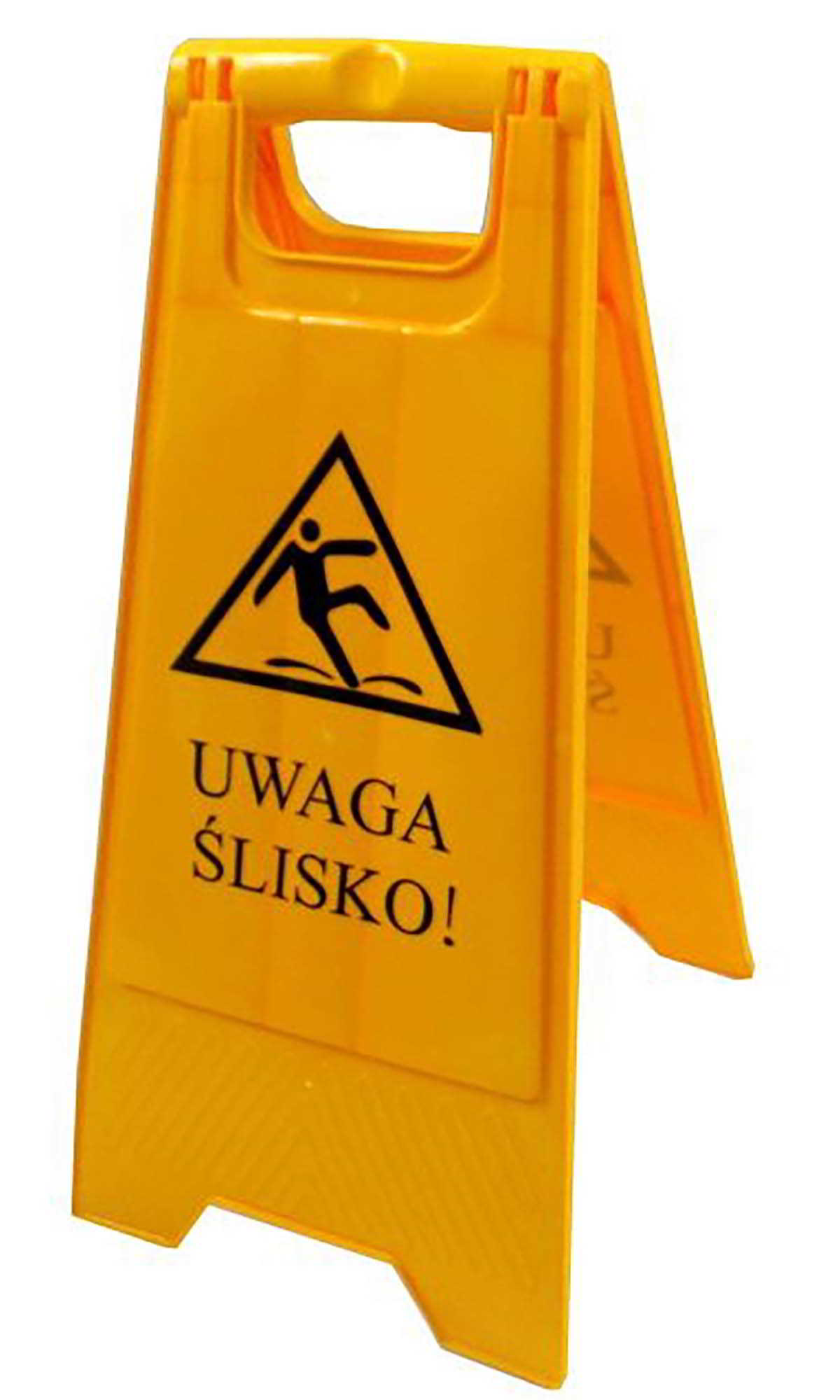 Potykacz informacyjny UWAGA ŚLISKO Żółty potykacz informacyjny z napisem Uwaga ślisko i symbolem poślizgu, do użytku podczas prac porządkowych.