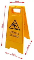 Żółty stojak, potykacz, "Uwaga ślisko". Środek zapobiegający przed przypadkowym poślizgnięciem. Produkt do wykorzystania podczas prac porządkowych powierzchni w obiektach użyteczności publicznej.