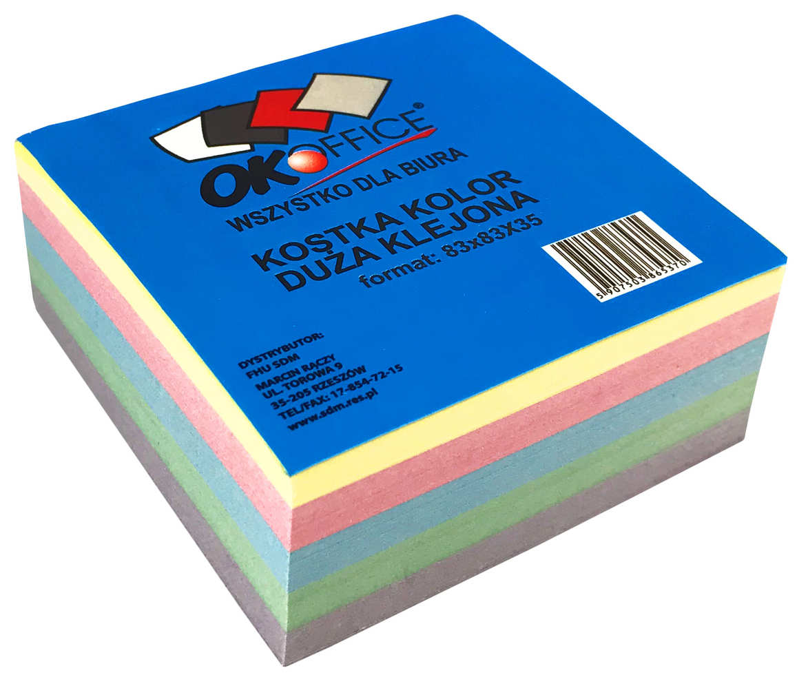 Kostka biurowa klejona 83x83x35mm z kolorowymi karteczkami, marka OK Office