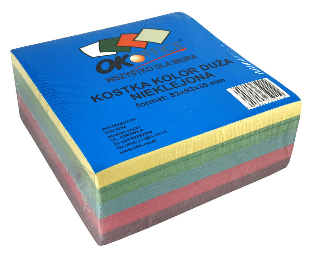Kostka biurowa nieklejona OKO kolorowa 83x83x35mm z karteczkami w kolorach żółtym, zielonym i różowym.