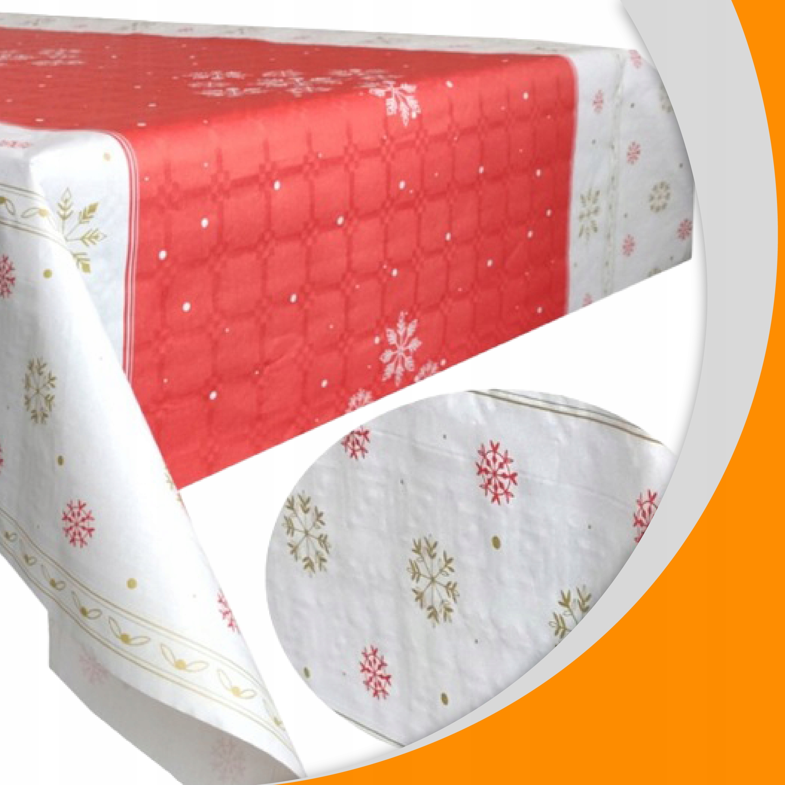 Obrus papierowy świąteczny czerwony ze śnieżynkami, rozwinięty w rolce 1,2 x 6m.