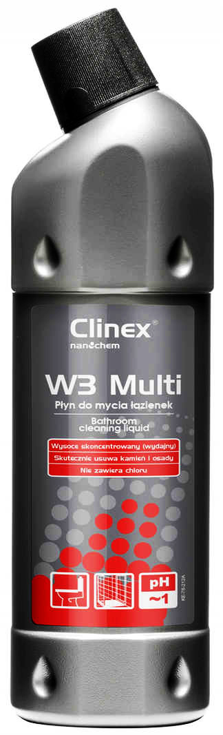 Clinex W3 Multi żel do czyszczenia WC 1L w plastikowej butelce z czarnym zakrętką.