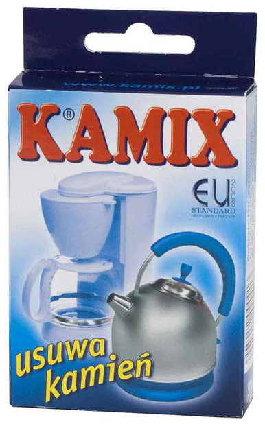 Odkamieniacz KAMIX 50g w opakowaniu kartonowym z wizerunkiem czajnika i filiżanki