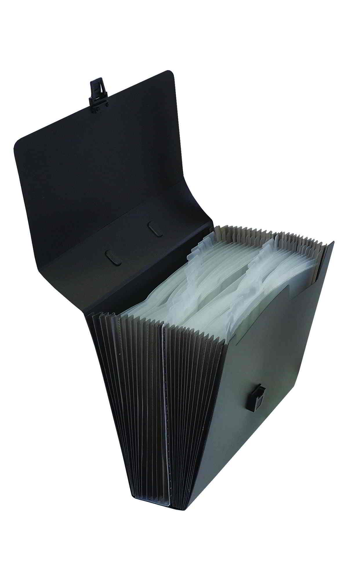 Aktówka z dwunastoma przegródkami, wykonana z mocnego polipropylenu o grubości 0,6mm. Zamykana na gumkę, dostosowana do dokumentów formatu A4.