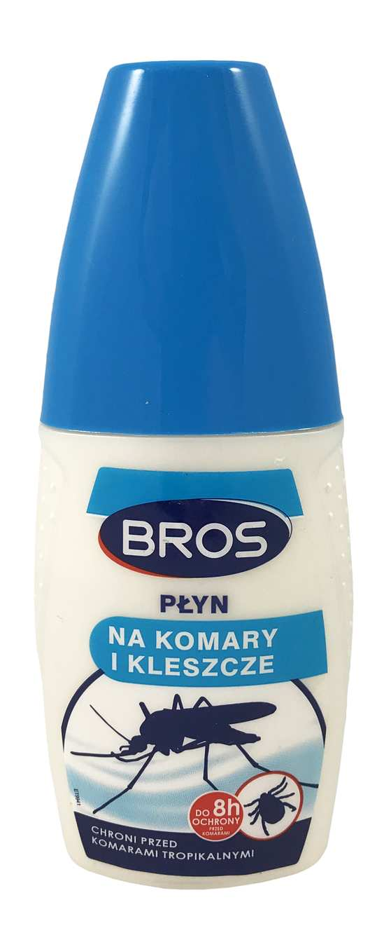 BROS płyn na komary i kleszcze 50ml w butelce ze sprejem, niebieskiej nasadce.