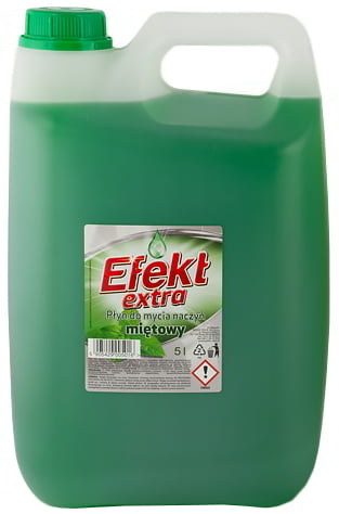 Płyn do naczyń EFEKT EXTRA 5l miętowy w kanistrze z zieloną zakrętką.