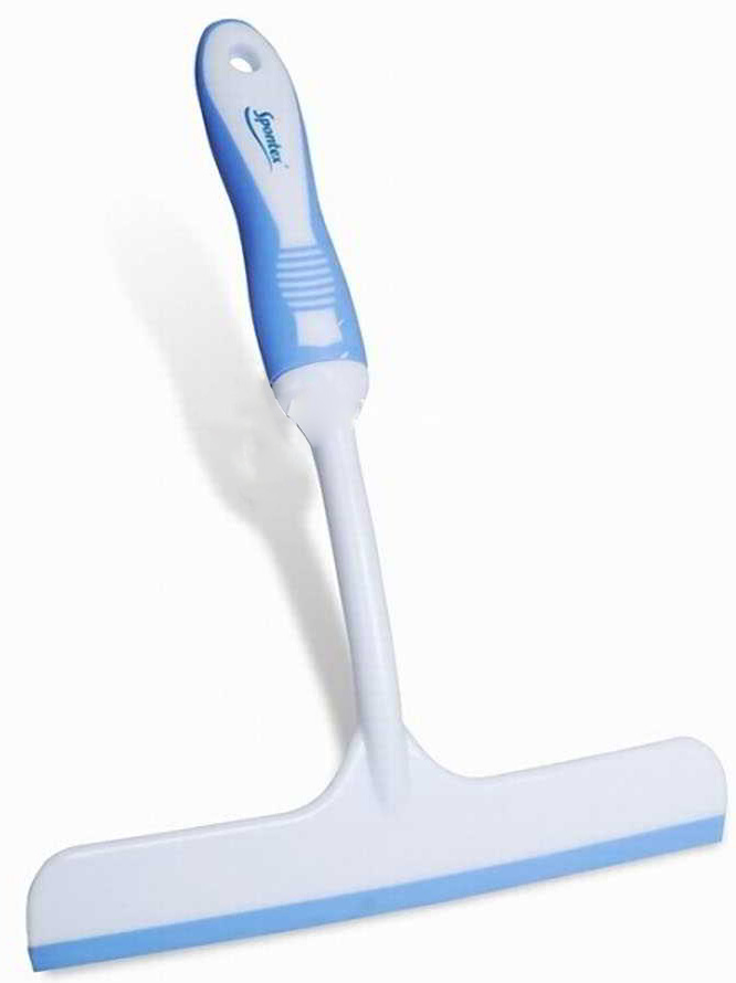 Ściągacz do szyb SPONTEX z ergonomicznym uchwytem i niebieską gumą do ściągania wody.