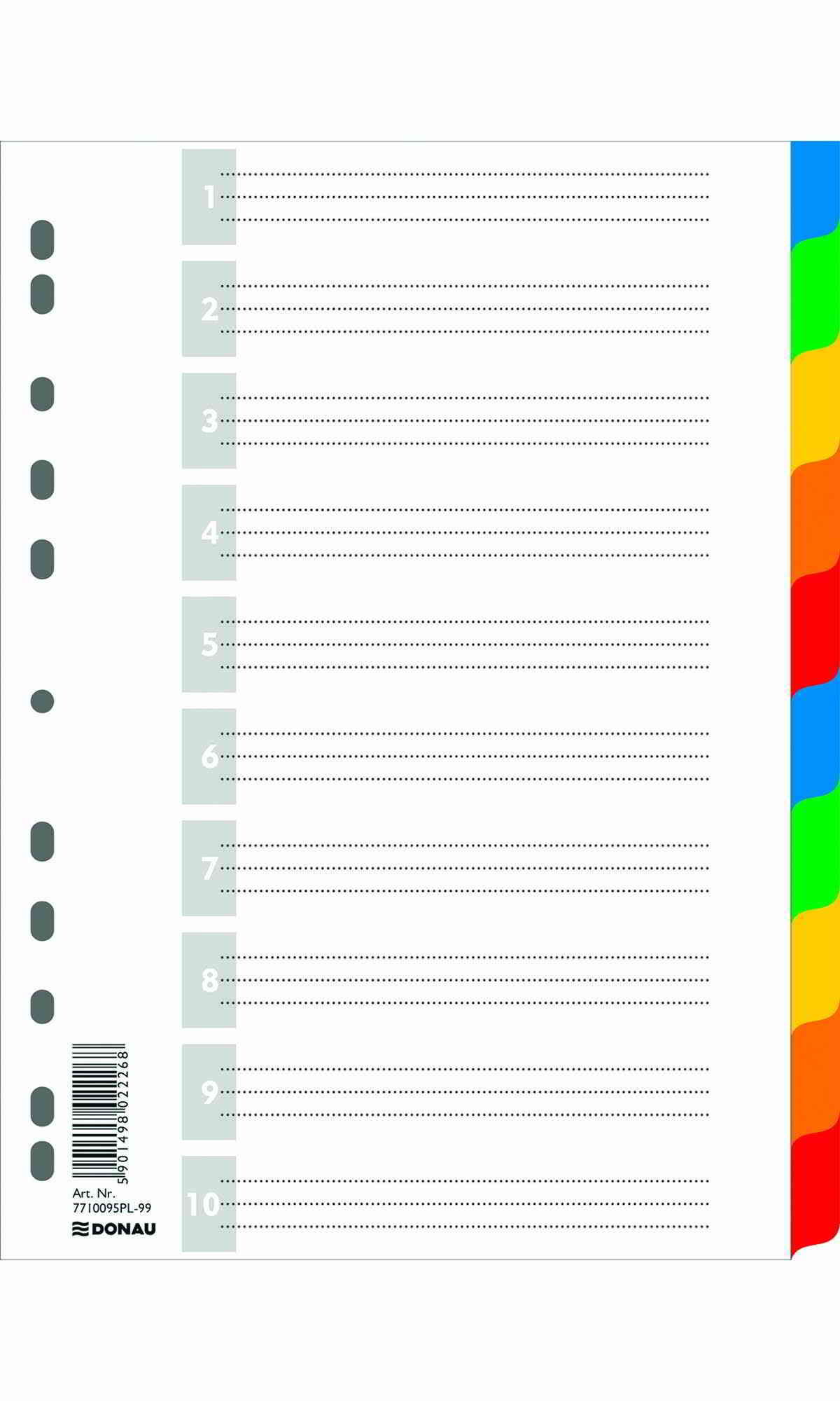 Przekładka kolorowa do segregatora, numeryczna 1-10, czerwona PP. Wykonana jest z polipropylenu. Format: A4. Wymiary: (230x297mm).