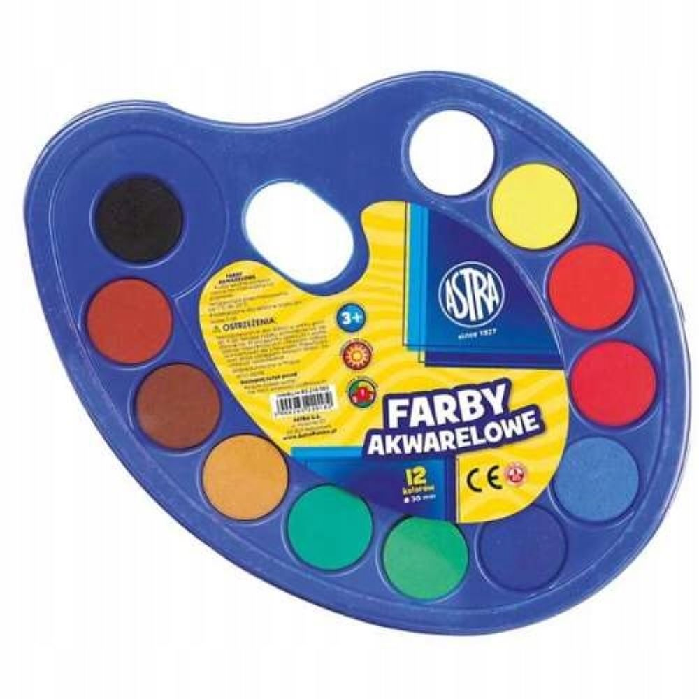 Farby akwarelowe ASTRA 12 kolorów w niebieskiej paletce z przegrodkami.