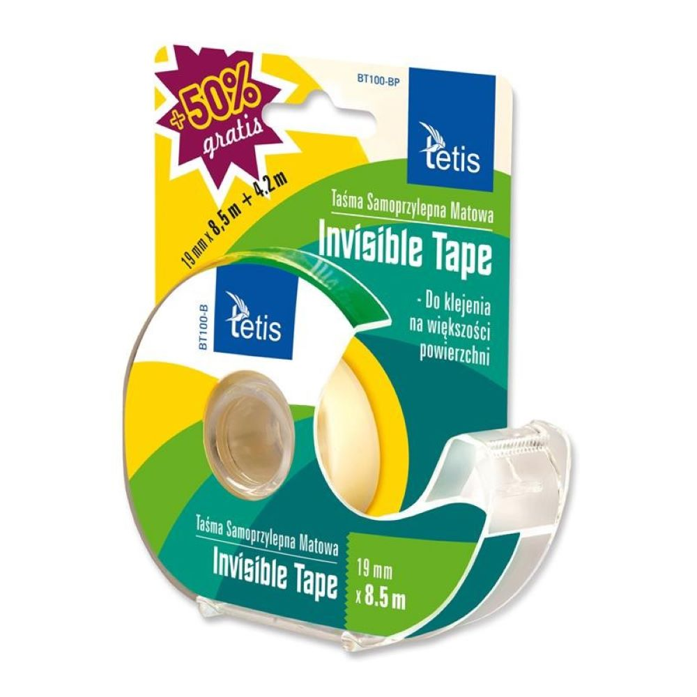 Taśma biurowa Invisible Tape Tetis 19mm x 8,5m bezbarwna z podajnikiem