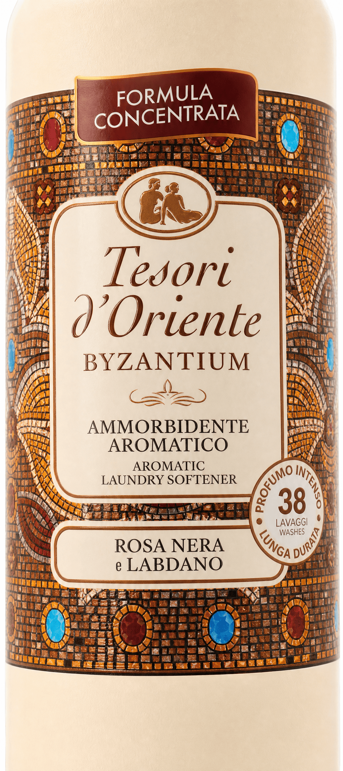 Płyn do płukania Tesori d'Oriente Byzantium 760 ml, zbliżenie na etykietę z informacją o 38 praniach.